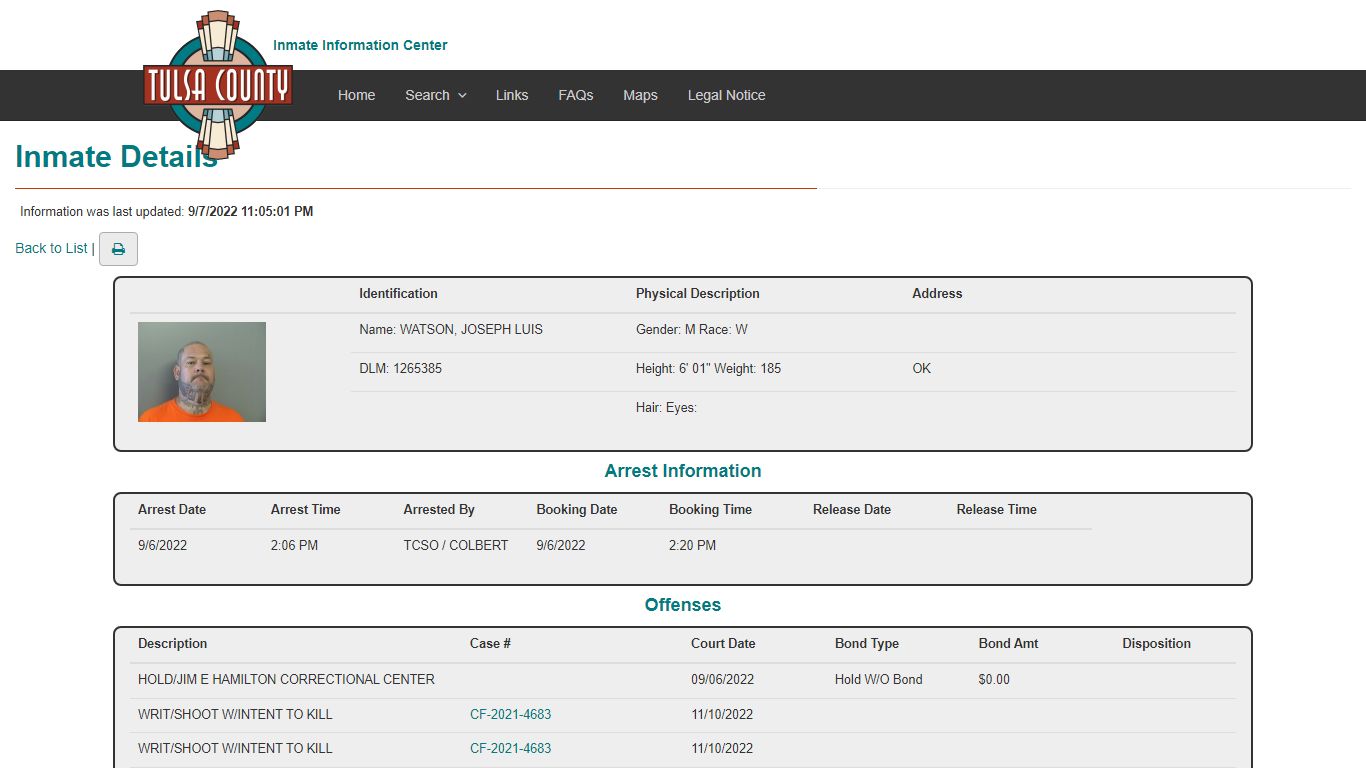 Details - Inmate Information Center - Tulsa County, Oklahoma