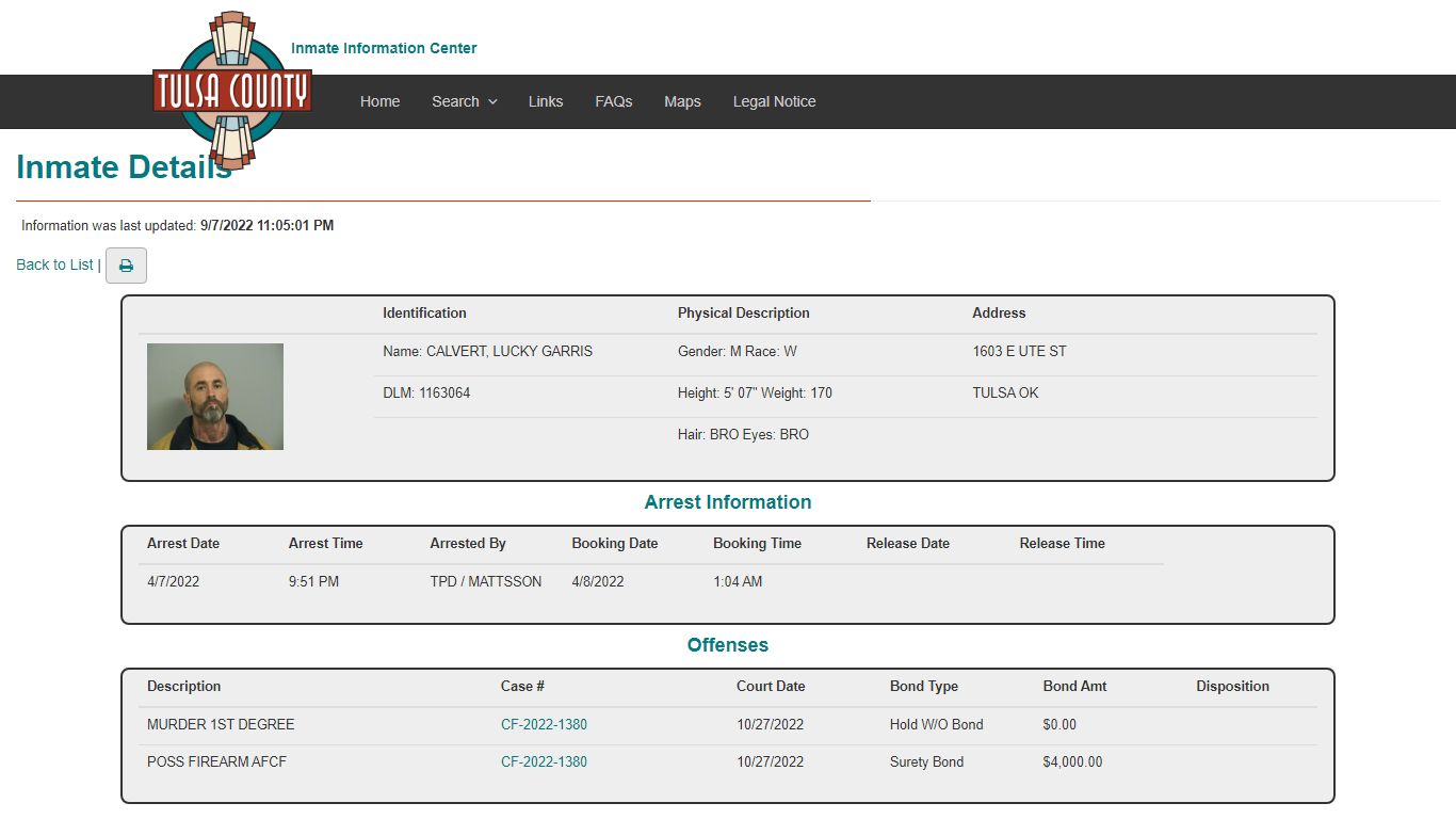 Details - Inmate Information Center - Tulsa County, Oklahoma